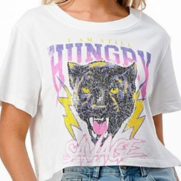 Tops - Short Sleeve Round Neck Hungry Savage Printed White Crop Top